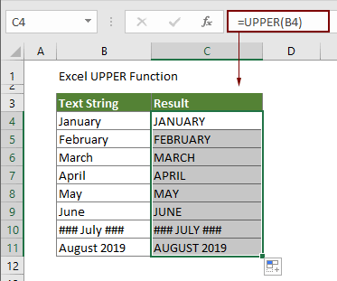 show the usage of Excel UPPER function