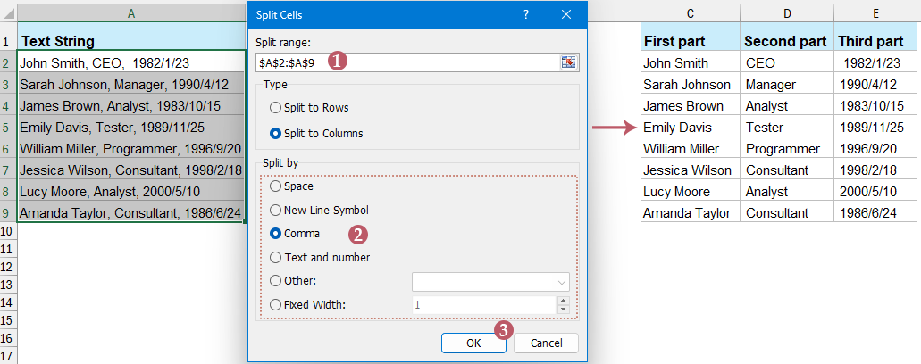 A screenshot showing Kutools Split Cells feature used to extract text separated by spaces or commas