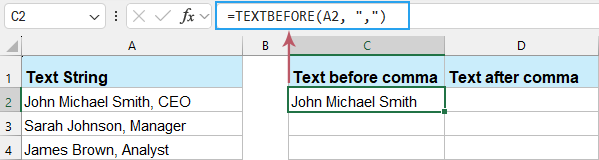 A screenshot showing the TEXTBEFORE function applied to extract text before a comma in Excel 365