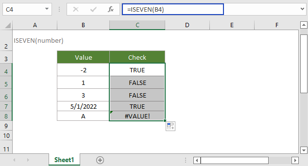 showing the usage of ISEVEN function