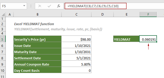 showing the usage of YIELDMAT function