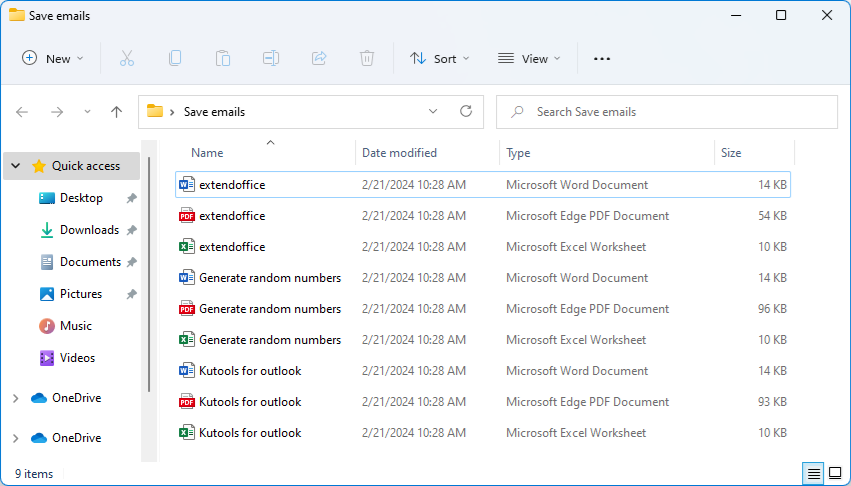 A screenshot showing multiple emails saved as individual files in PDF format