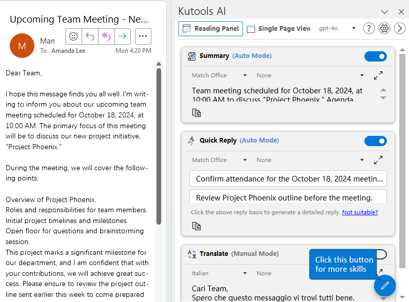 Reading Panel of Kutools AI for Outlook