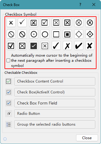 Checkbox symbols